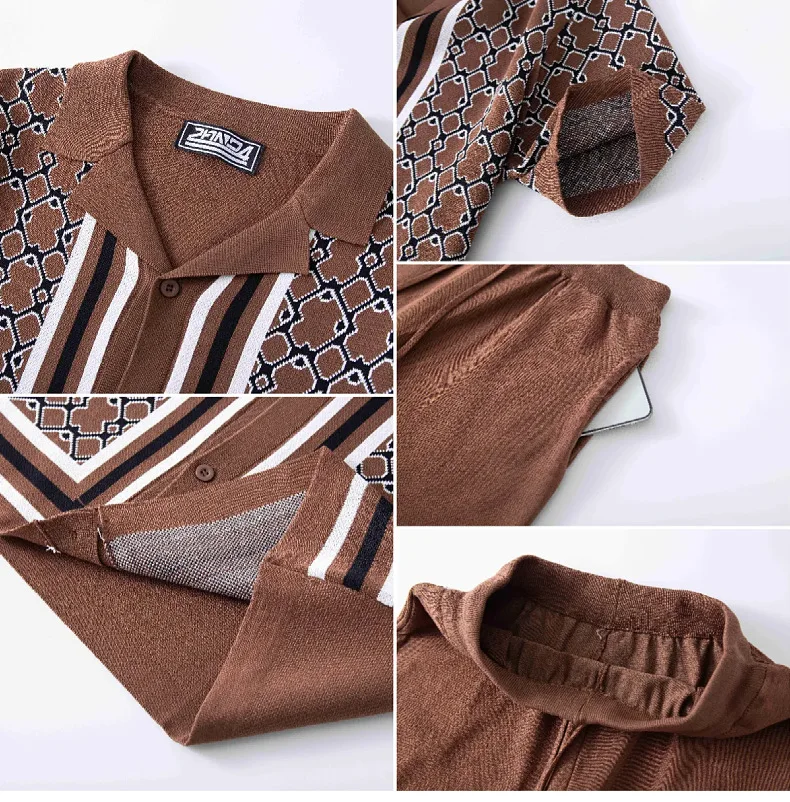 

M High-quality Jacquard Knitted Suits for Men in Spring and Summer, Business Casual Cuban Collar Knitted Shorts Sets Men Clothes