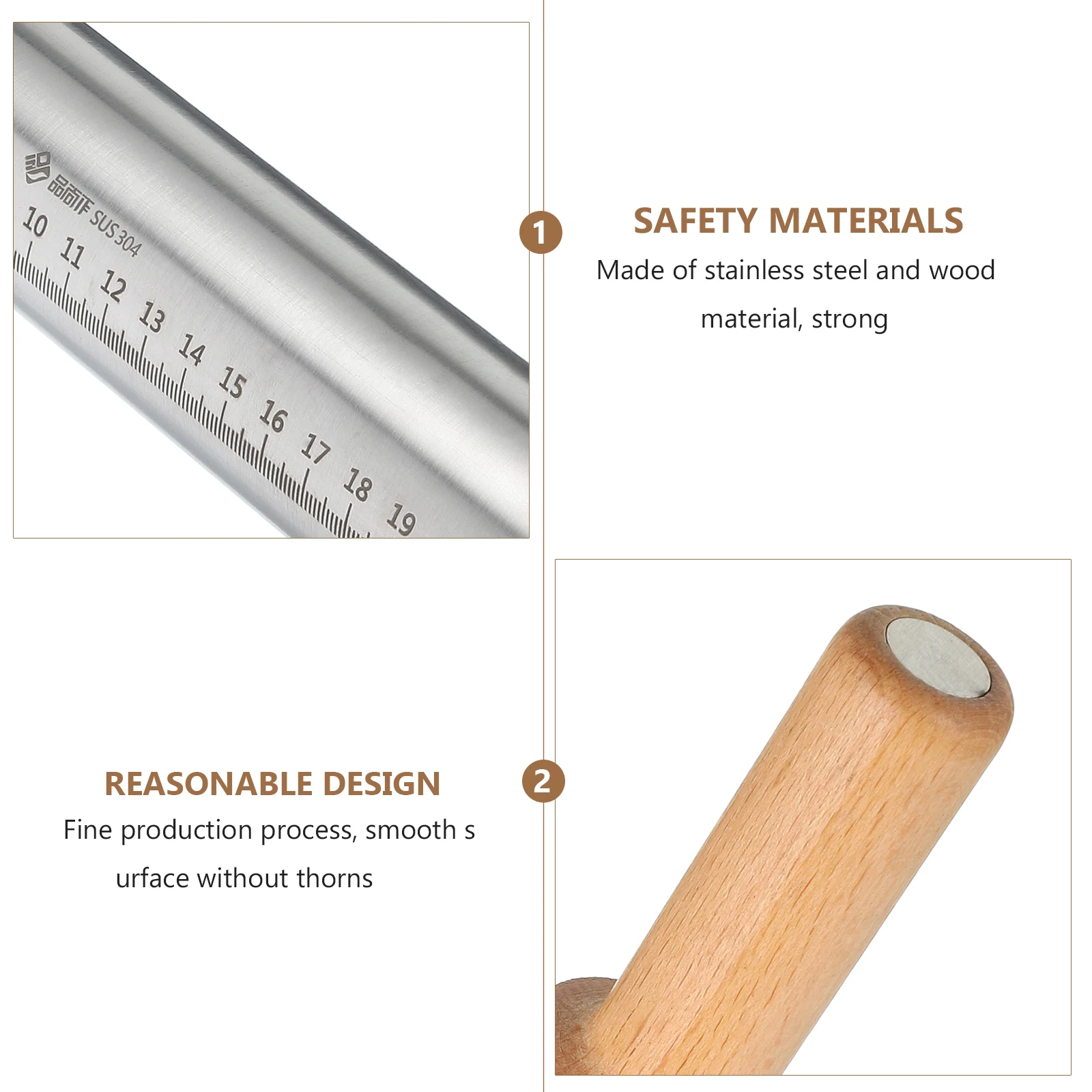

1pc Stainless Steel Rolling Pin 304 Beech Wood Kitchen Baking Pins Dumpling Pizza Pastry Roller Tortilla Flour Food Tool