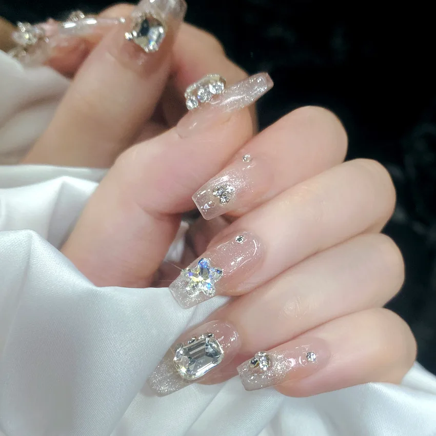 10Pcs Cat's Eye Press On Nail Handmade Nude Color Short T False Nails With Giltter Diamond Designs Full Cover Reusable Manicure