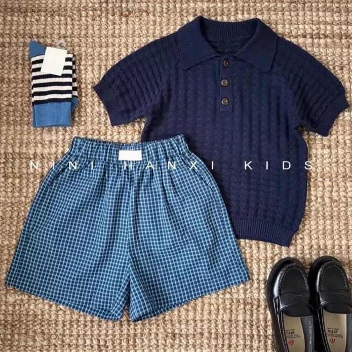 

Boys Suit 2026 Spring/summer New Childrens Clothes Boys Baby Fashion Preppy Knit T-shirt Plingham Shorts Two-piece Set