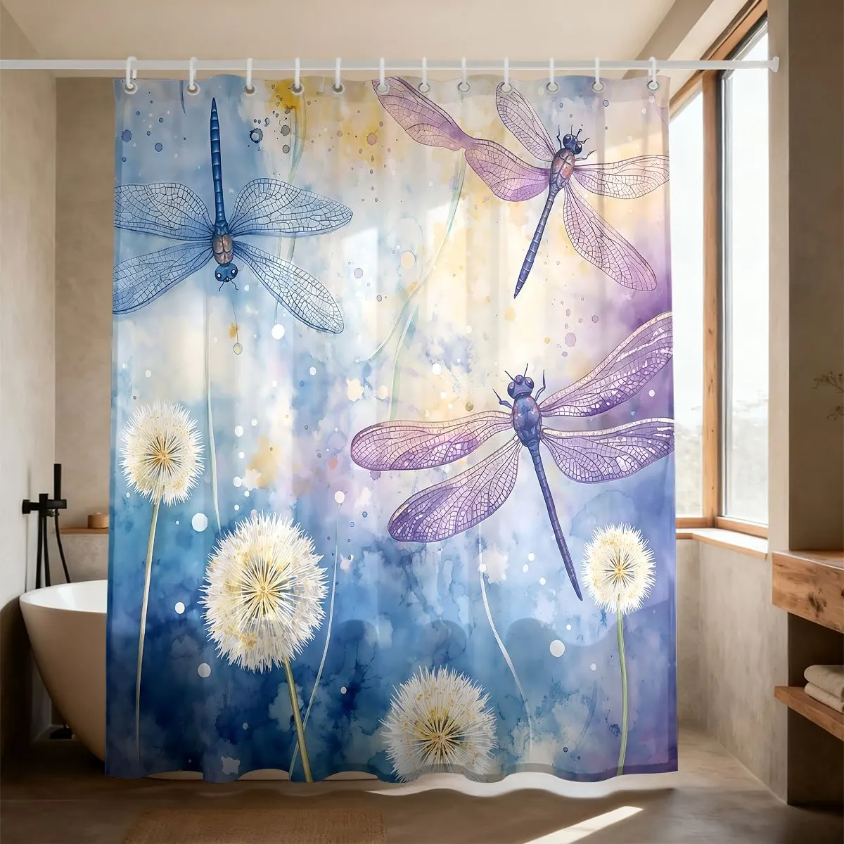 Gentle Water‑Paint Style Blue Purple Dragonflies With Fluffy White Dandelions Gradient Sky Bath curtain, Cozy Soft Warm Throw