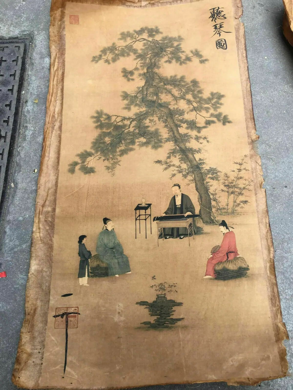 

Chinese Old Scroll 《Listening to piano chart》 painting Rice paper painting Slice