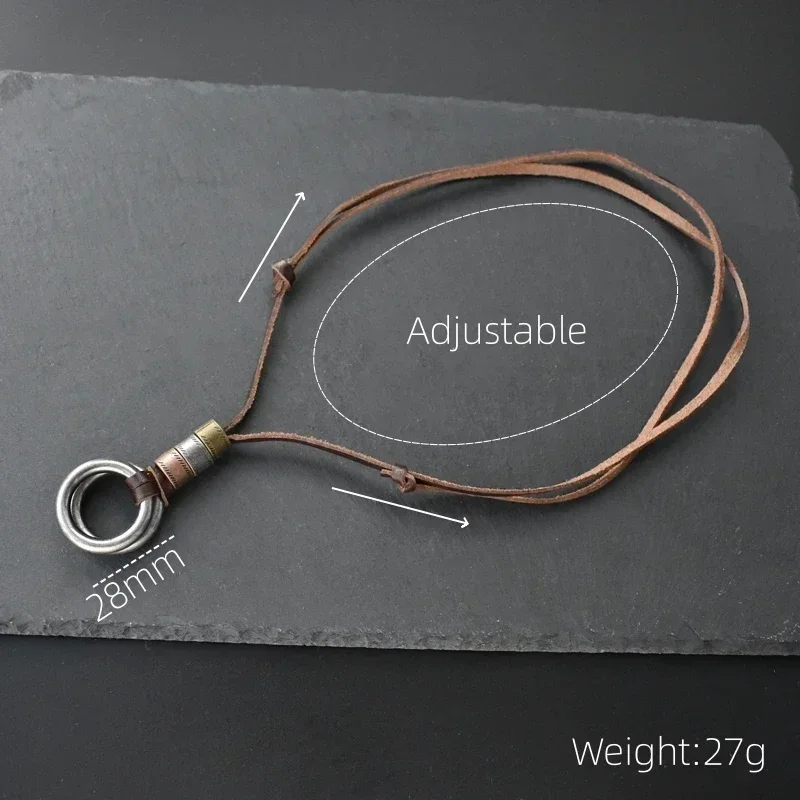 Boho Vintage Men Necklace Adjustable Genuine Leather Cord Necklace Double Circle Pendant Long Necklace Gift Handmade Jewelry