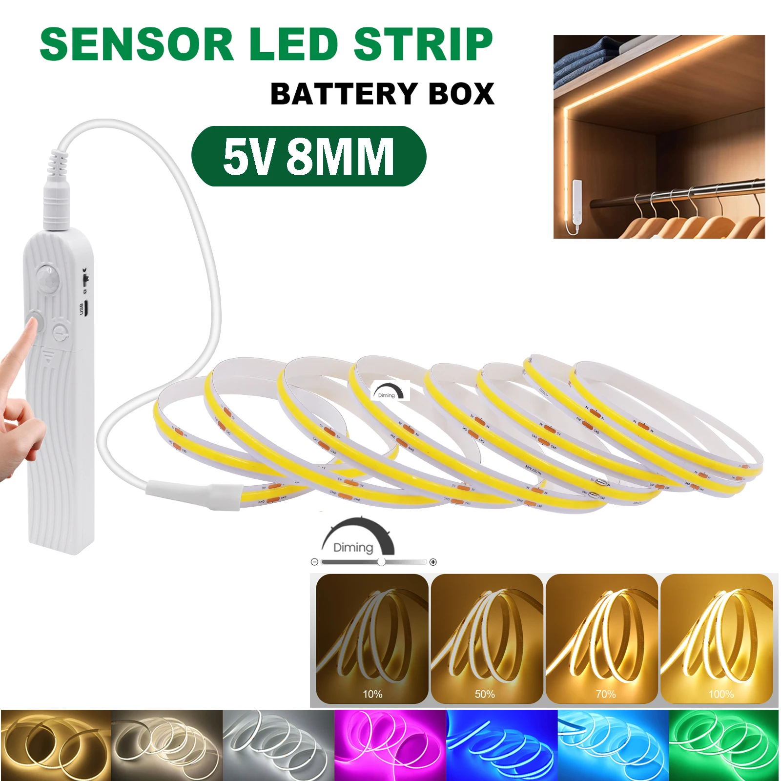 

5V 8MM COB Led Strip With Motion Sensor Induction Night Light AAA Battery Box Led Tape Warm Natural White Red Blue Green Pink