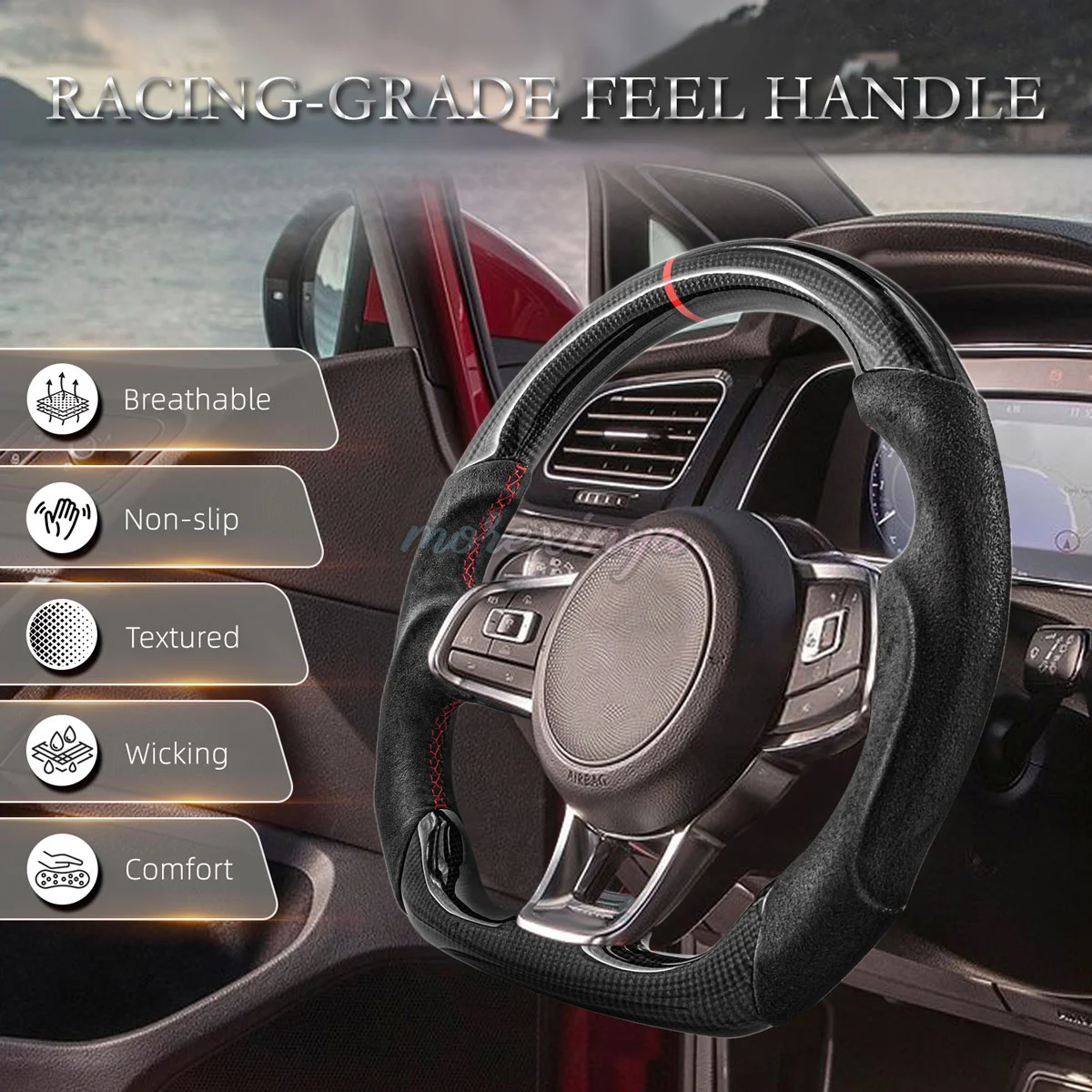 💘 عجلة قيادة من ألياف الكربون لسيارة فولكس فاجن جولف GTI MK7 2015-2019 مقابض الكانتارا #4