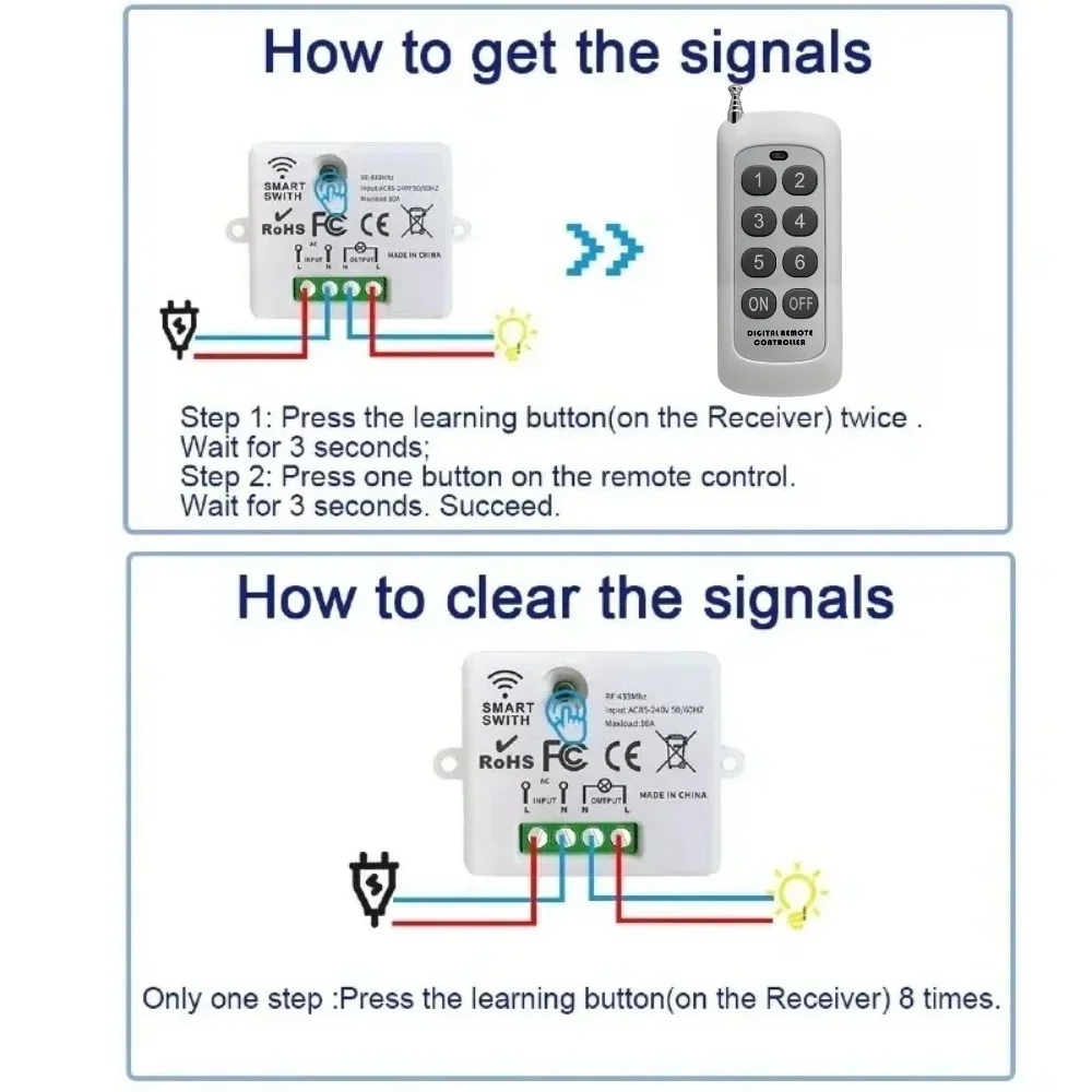 مفتاح إضاءة ذكي لاسلكي صغير مع جهاز تحكم عن بعد مسافة 1000 متر 433 ميجا هرتز جهاز استقبال مرحل الترددات اللاسلكية 220 فولت مفتاح لمروحة مصباح Led للمنزل #3