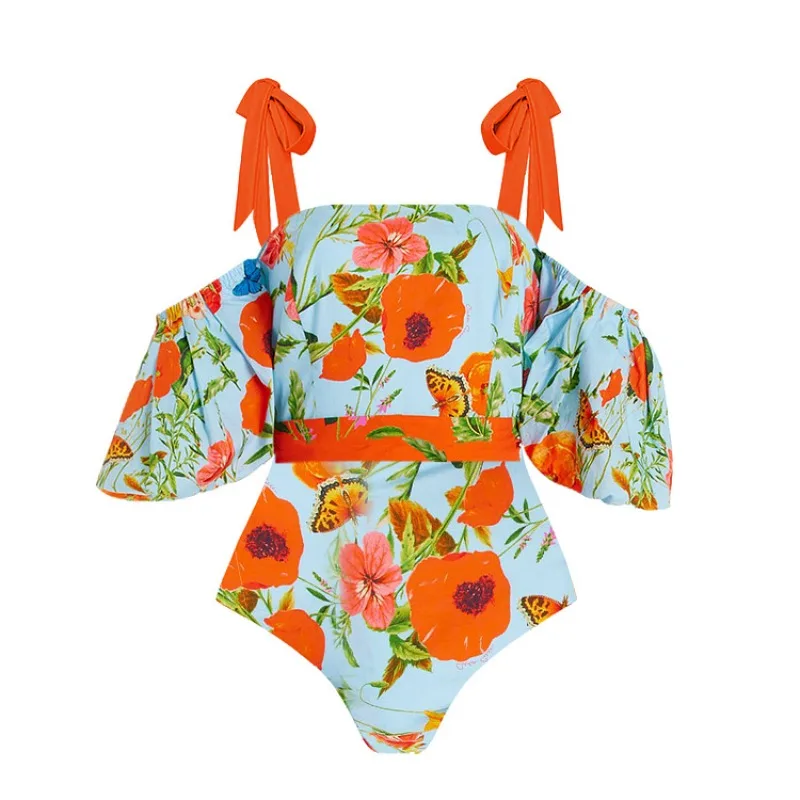 One Piece Swimsuit For Women Off-the-shoulder Bubble Sleeve Strap-up Floral One-piece Swimsuit Women's Foreign Trade Swimsuit Am