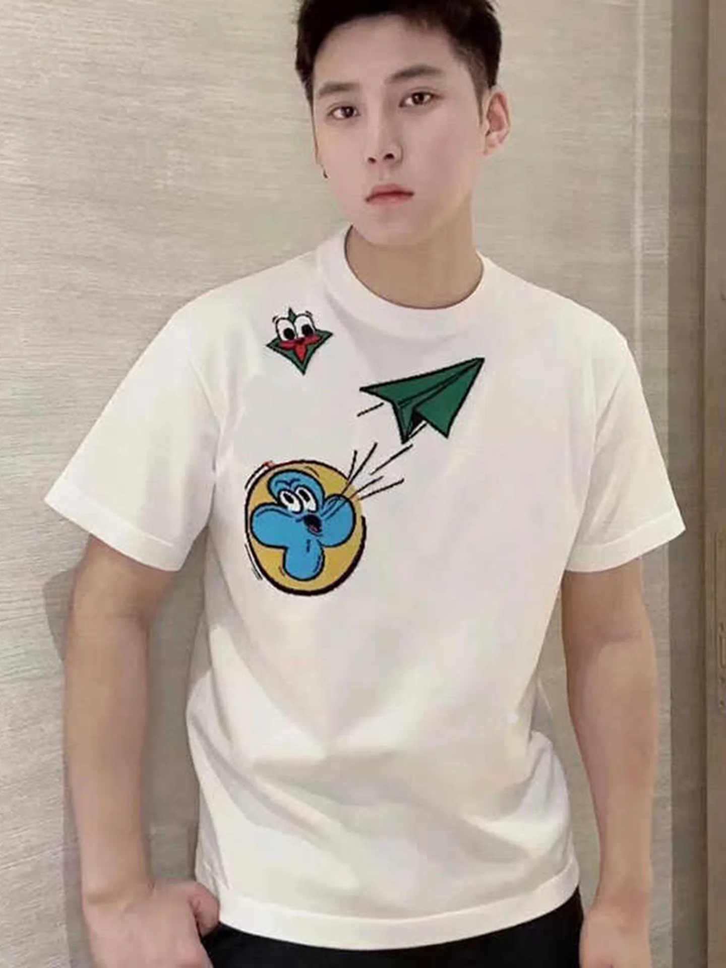 

Новая модная футболка 2025 года с вышивкой мультяшного самолета, круглым вырезом и коротким рукавом, повседневная, вязаная