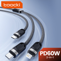 Toocki 2 in 1 USB C to Type C Lighting Cable for iPhone 16 15 14 Pro LED 1.2m PD60W Fast Charging USB C Wire for Samsung Huawei
