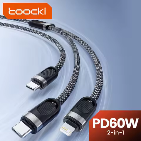 Toocki 2 in 1 USB C to Type C Lighting Cable for iPhone 16 15 14 Pro LED 1.2m PD60W Fast Charging USB C Wire for Samsung Huawei
