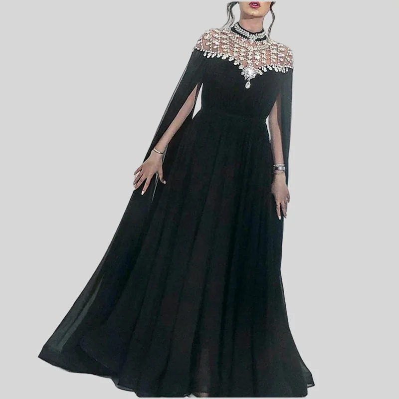 Black Prom Dresses A-lijn Hoge Kraag Floor Lengte Chiffon Kralen Lange Prom Gown Avond Robe De Soiree Haute Couture