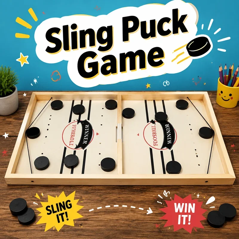 Sling Puck Game for Kids, Wooden Desktop Table Hockey Board, Quick Reaction Puzzle Toy for Parent Child Competition Fun Play Toy