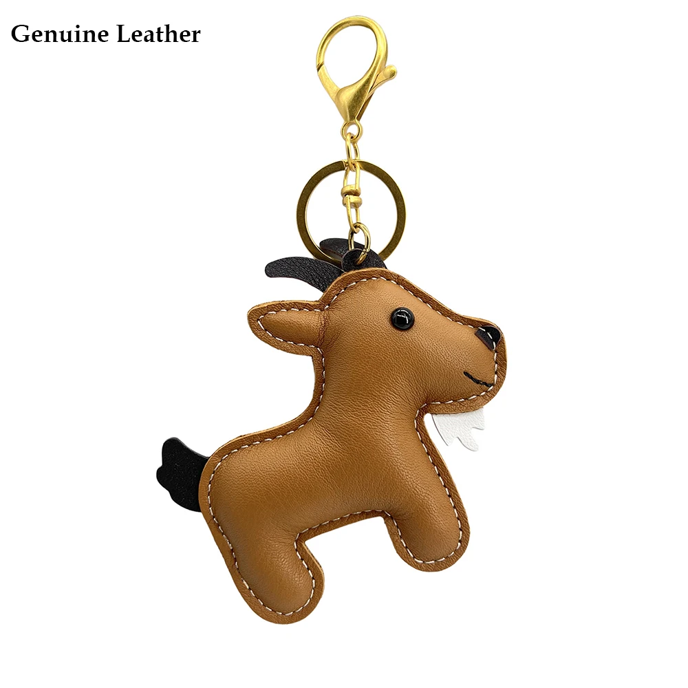 Cute Top Layer Cowhide Handbag Charm Genuine Leather Cartoon Goat Charm Bag Pendant Keychain for Women Purse Pendant Accessory