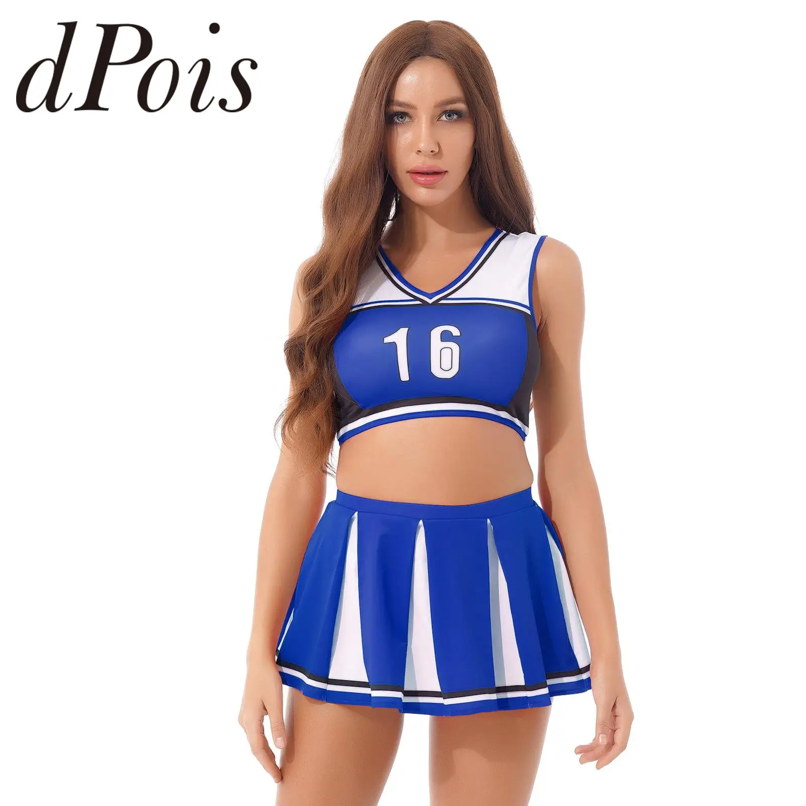 

Women Schoolgirl Cheerleading Uniforms Adults Role Play Cheerleader Costume Set Sexy Lingerie Crop Top + Skirt Cheer Dance Wear