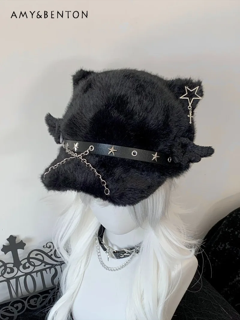 

Original Dark Cat Ear Plush Hat Beret Japanese Style Versatile Heavy Chain Cute Anime Girl Thickened Winter Beret Hats for Women
