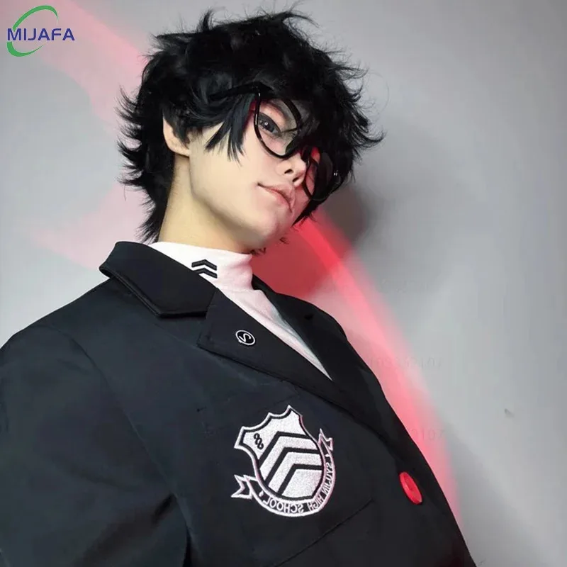 

CyHigh Quality Game P5 Amamiya Ren Cosplay Wig Kurusu Akira Wig Short Black Curly Heat Resistant Synthetic Hair Anime Wigs +WigC