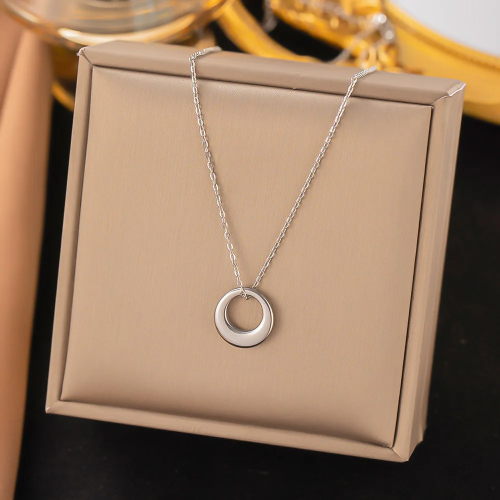 OIMG 316L Stainless Steel Gold Silver Color Korean Simple Geometric Circle Necklace for Women Girls Wholesale Jewelry Not Fade