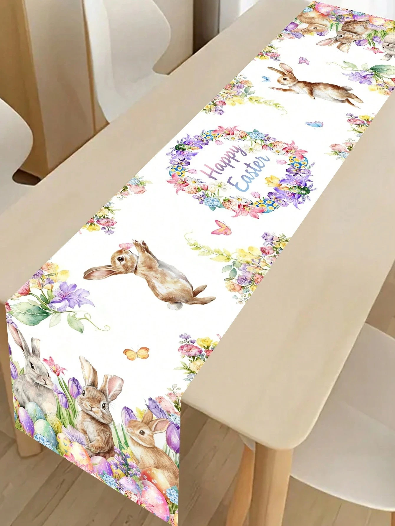 1 Stück Oster-Tischläufer mit Hasen- und Blumenmuster, Leinen, 2D-Druck, Osterdekoration für Küche, Esszimmer, Wohnzimmer, Geschenk