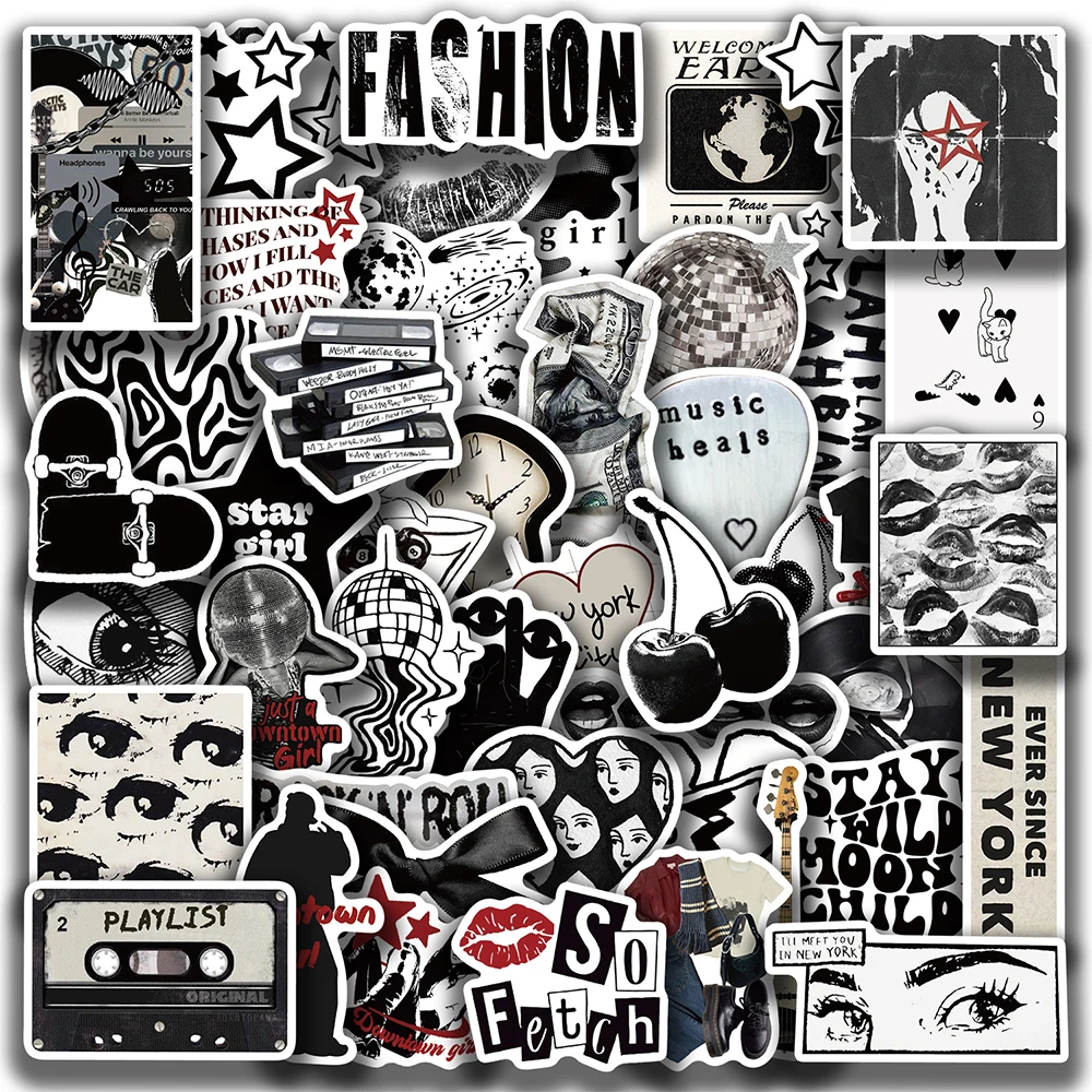 10/30/50 Stück Schwarz-Weiße Downtown Y2K Girl Ästhetische Aufkleber Retro Graffiti Sticker DIY Koffer Laptop Helm Niedliche Deko-Aufkleber
