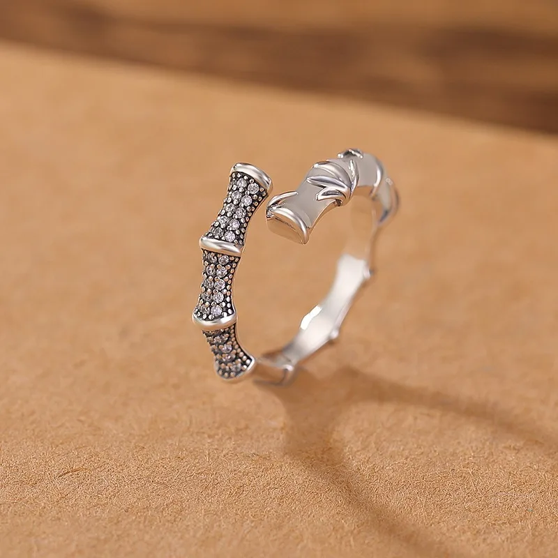 

TIMESWIND Natural Hetian White Jade Bamboo Joint Leaf Lucky Women 925 Open Ring with Certificate