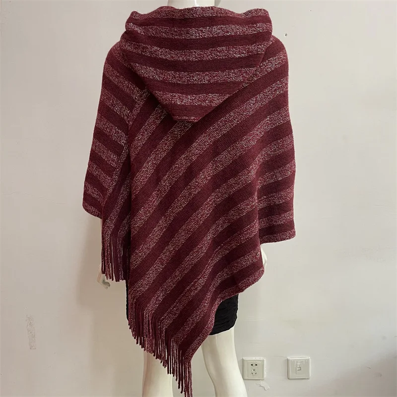 

Spring Autumn New Style Cloak Shawl European American Style Winter Hooded Striped Tassel Coat Knitted Pullover Red