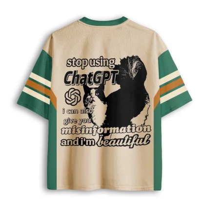 Men Mesh V Neck T-shirt Funny Cat Stop Using ChatGPT Letter Print Summer Loose Streetwear Tee