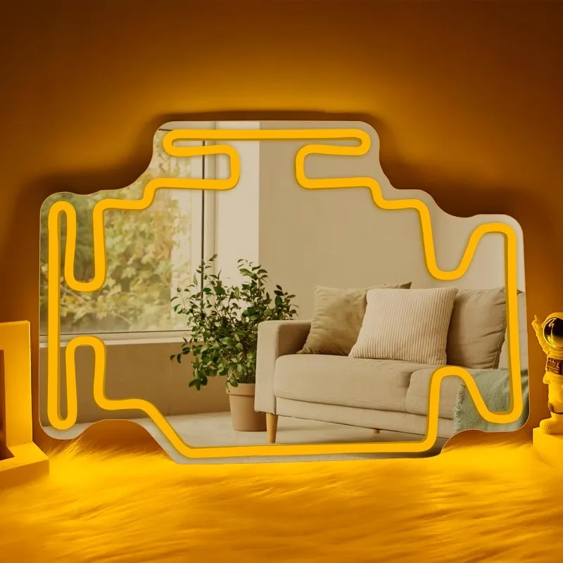 Check Engine Mirror Neon Sign Dimmable Garage Neon Signs for Man Cave Wall Mirror Car Themed Room Decor Led Wall Art for Bedroom