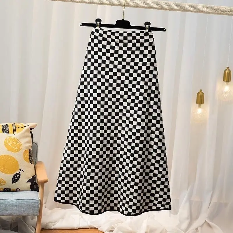 Classic All-match Fashion Plaid A-line Skirt Women Office High Waisted Mid Length Version Korean Casual Thick Lady Skirt