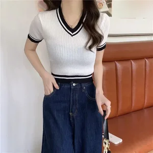 Slim Fit V-cổ áo phông lưới dành cho phụ nữ, màu khối, tay áo ngắn, thanh lịch, trắng, đen, hồng, xanh, tím, mùa hè 10 Áo sơ mi phụ nữ Roxa bán hàng chính - №7