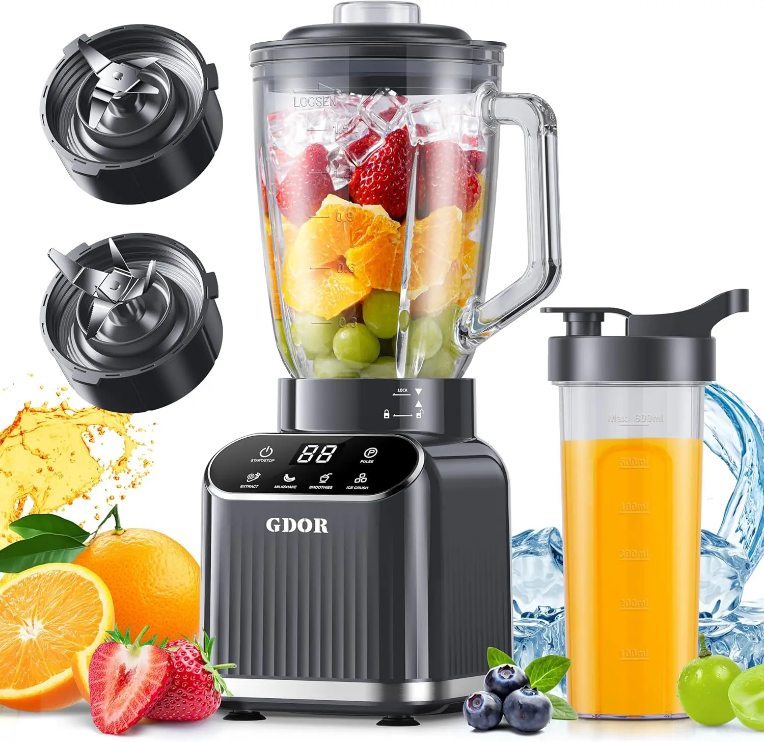 

5-Function Smoothie Blender with 1200W Power, Glass Jar & To-Go Cup Combo for Ice and Frozen Fruit, Self-Cleaning, Gray