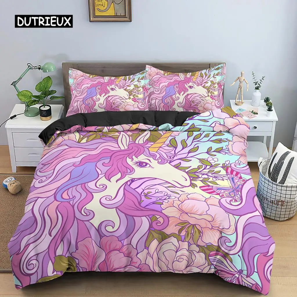 

Unicorn Duvet Cover King Queen Cartoon Animal Bedding Set Kids Teens Adults Lovely White Magical Creatures Polyester Quilt Cover