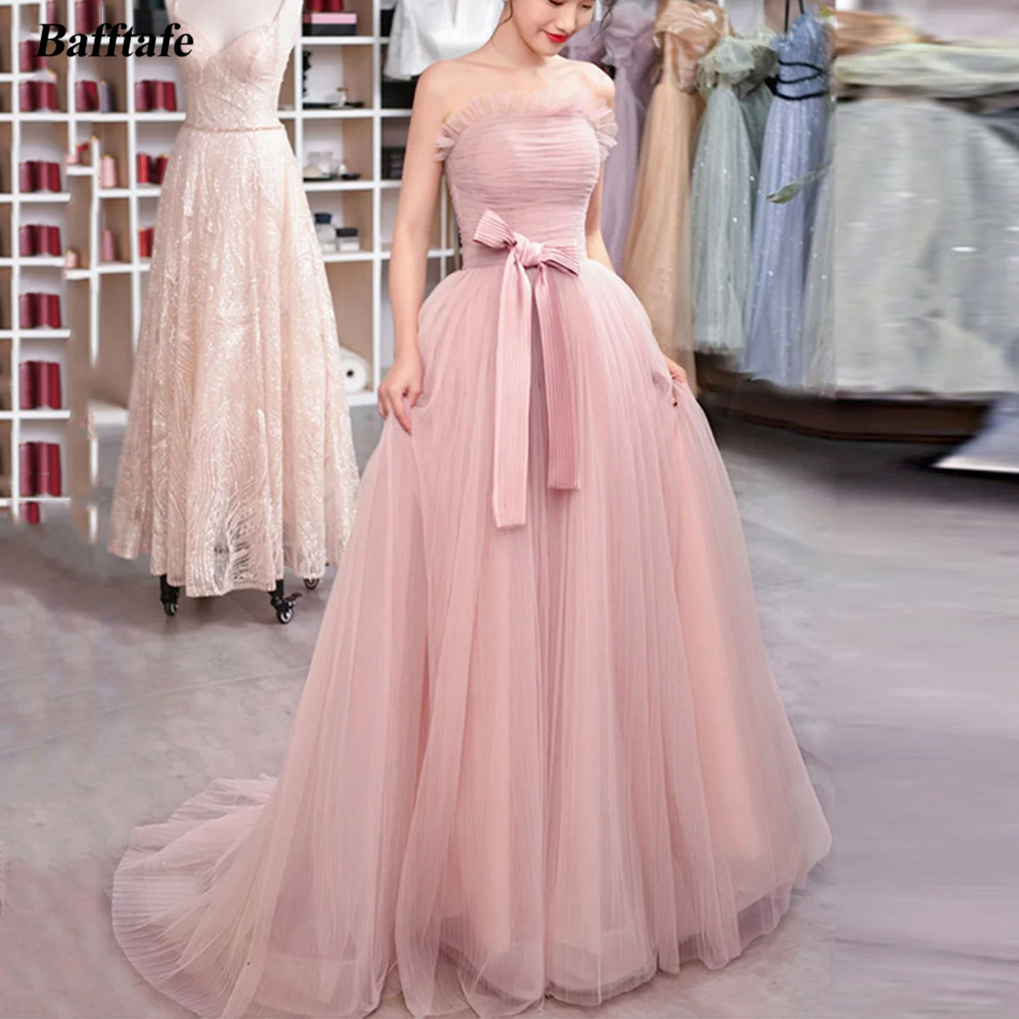 

Bafftafe Crumpled Tulle Customized Evening Dresses Korea Corset Back Sweep Train Women's Formal Party Red Carpet Prom Gowns 2025