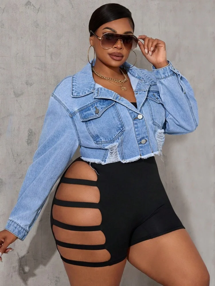 

Wmstar Plus Size Denim Outwear Women Wholesale A New Long Sleeved Jacket with Holes chothing Woman Elegant Luxury Clothes 2025