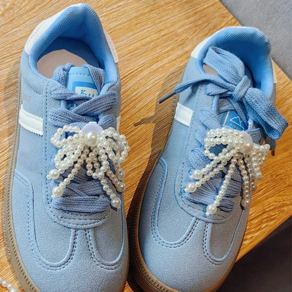 

1 Pair Bowknot Shoelaces Clips Buckle Pearl Mesh Lace Shoelaces Charm Buckle Elegant Shoe Charms Pendant Keychain Decoration