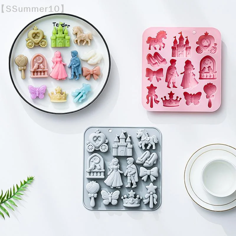 【SSummer10】12 Cavity Prince, Princess Silicone Mold 3d Bow, Castle, Horse Fondant Candy Chocolate Mould Cake Decoration【SS】