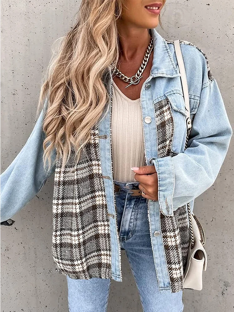 Plaid Shirts Jacket Women Vintage Loose Denim Jacket Female Fashion Retro Button Long Sleeve Jean Jacket Ladies Casual Outwear