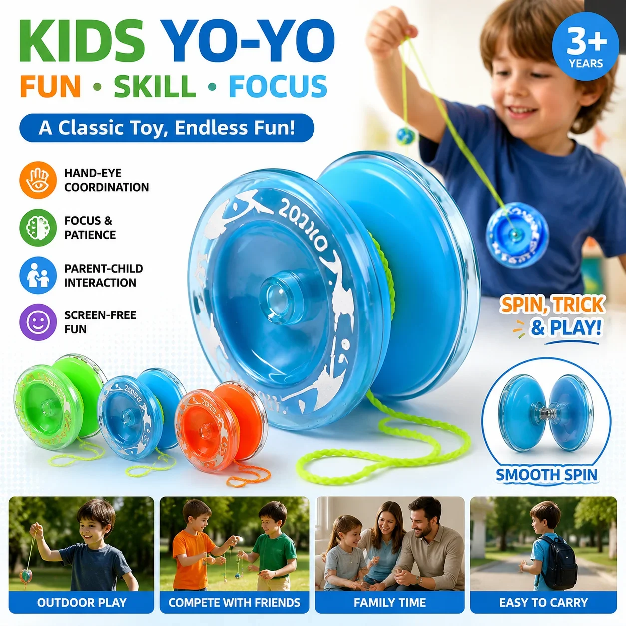 Kids Yo Yo Toy Beginner Yoyo Skill Training Toy Hand Eye Coordination Educational Game Outdoor Play Birthday Gift for Boys Girls