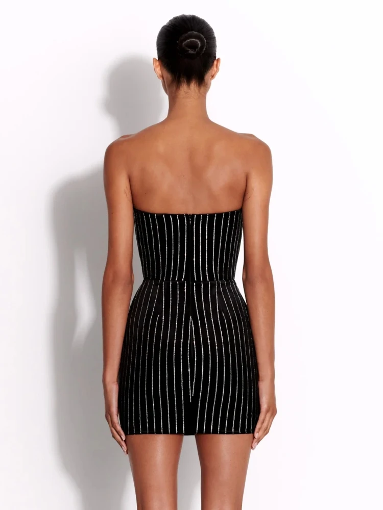 Sexy Strapless Diamonds Embellished Mini Dress Women Black Sleeveless Backless Crystal Bodycon Dresses Evening Party Celebrity