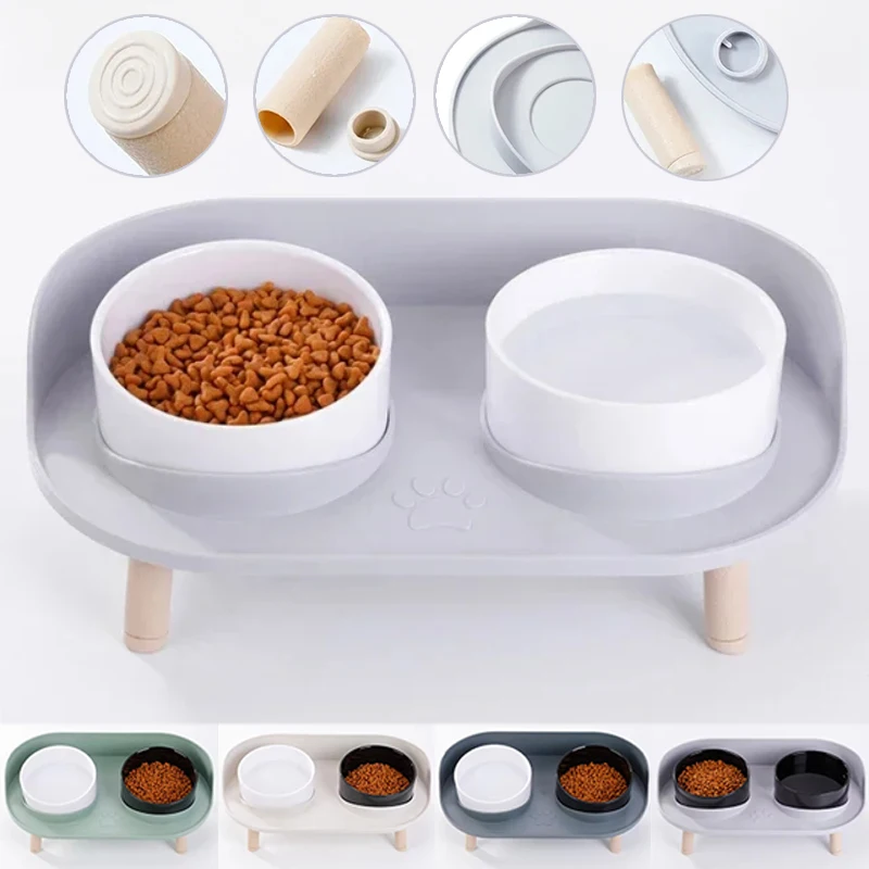 

Cat Double Bowl Safety with Wood Stand Adjustable Height Protecting Cervical Spine Anti Overturning Elevated Drinker Water Dish