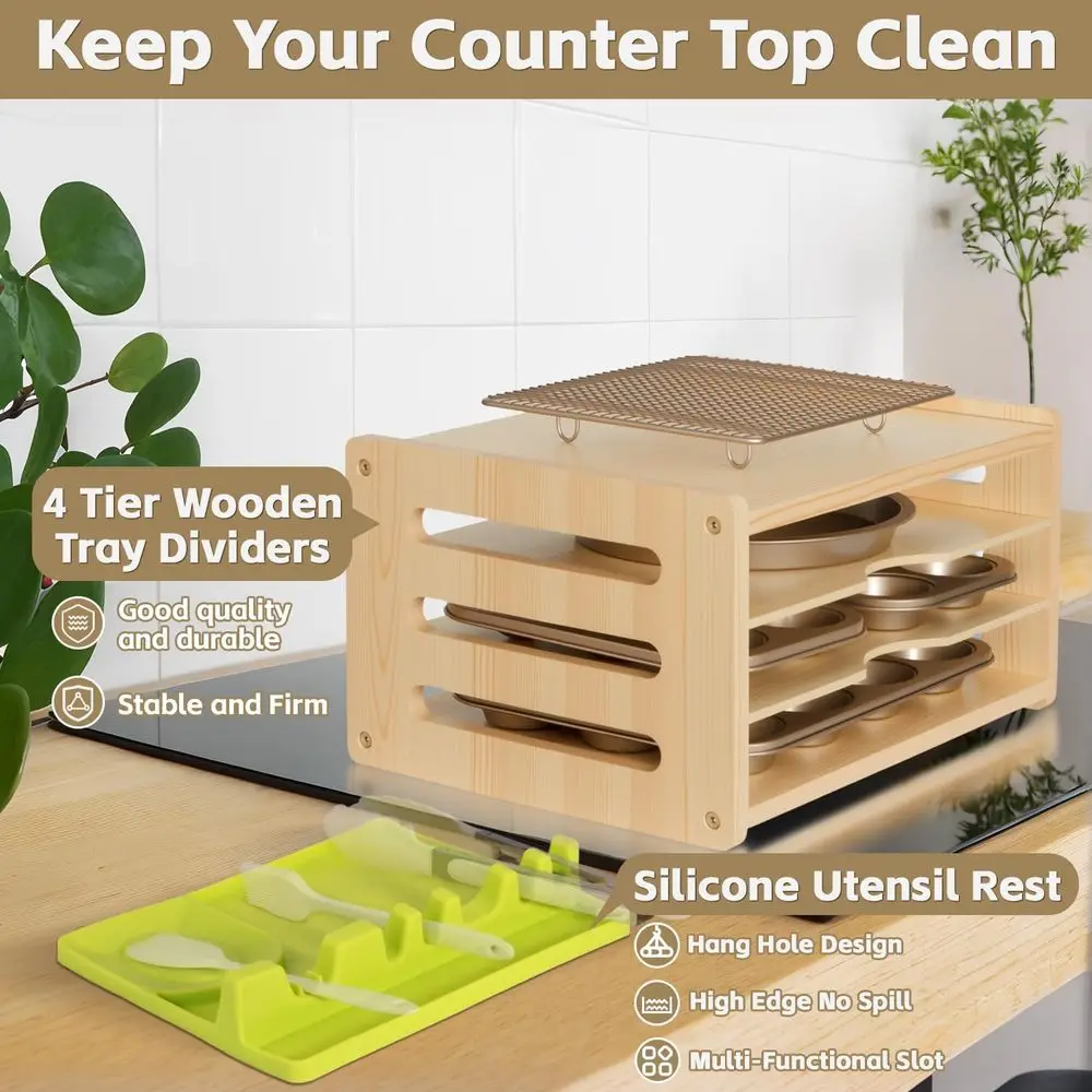 Divisores de bandeja de armário de madeira para assadeiras, panelas, tábuas de corte-organizador vertical de folhas de biscoitos, armazenamento de cozinha para panelas