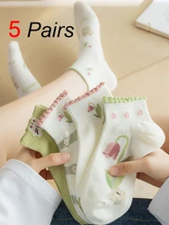 5 Pairs Women Floral Design Short Socks Fashionable Versatile Lace Socks Comfortable Sweat Absorbing Breathable Casual Socks