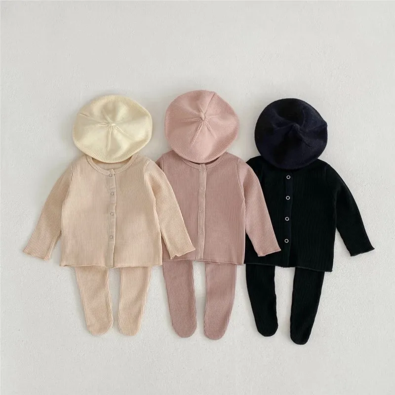 2024 Spring Baby Girls 2PCS Clothes Set Long Sleeve Ribbed Cardigan Coat Solid Cotton Soft Pantyhose Suit Infant Girls Outfits