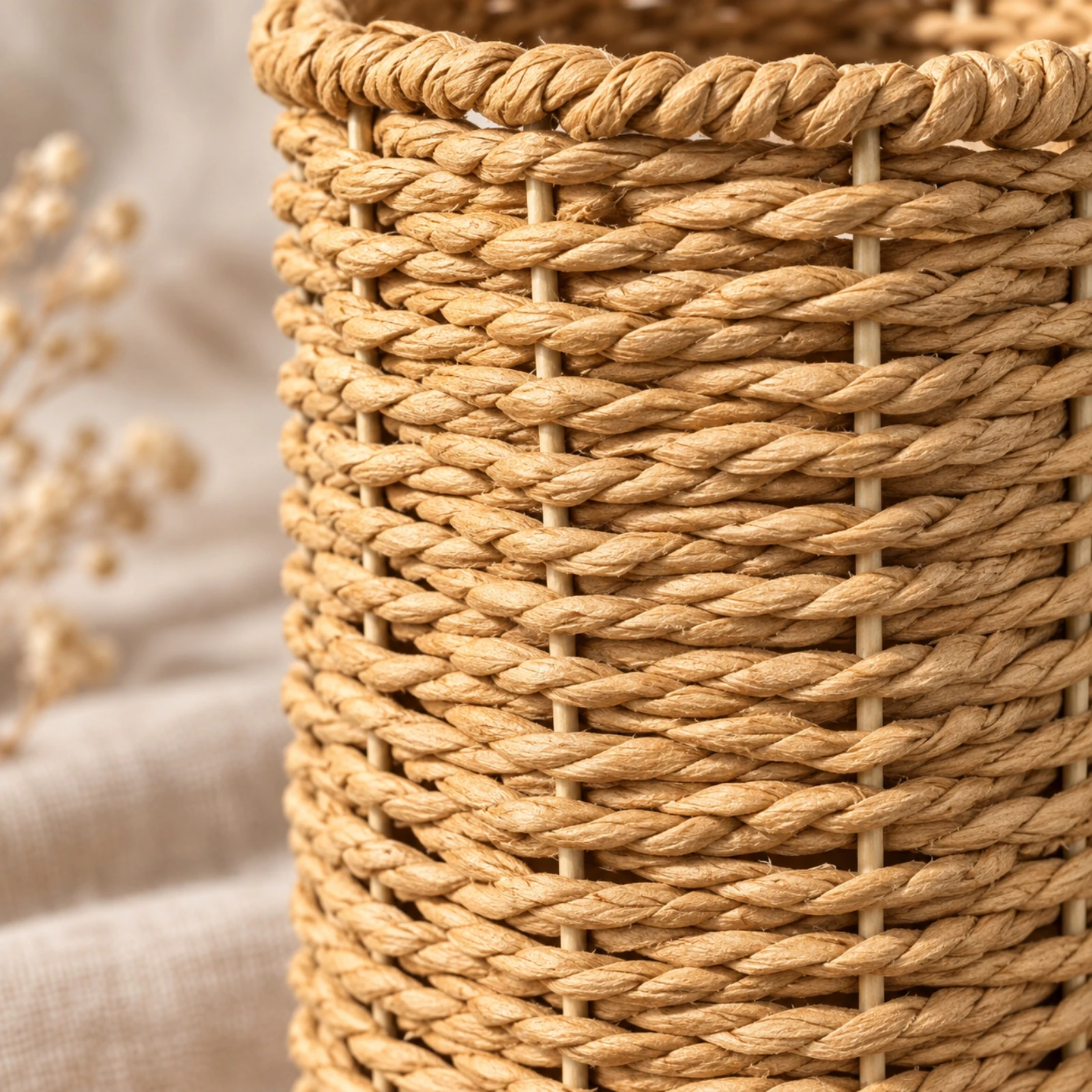 Handwoven Vase with Braided Edges Boho Woven Flower Vase Decorative Stem Holder Rustic Portable for Tabletop, Shelf