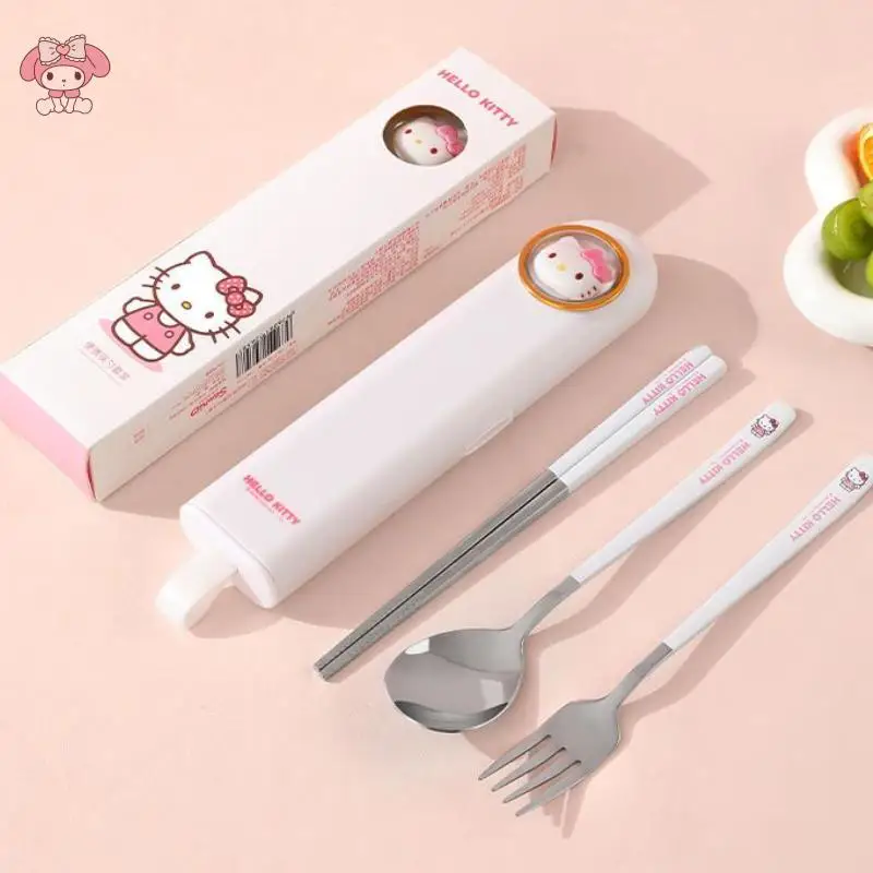 

Sanrios Hello Kittys My Melody Tableware Fork Spoon Chopsticks A Set Portable Cute Good-Looking Boxed Tableware Fashion Gift