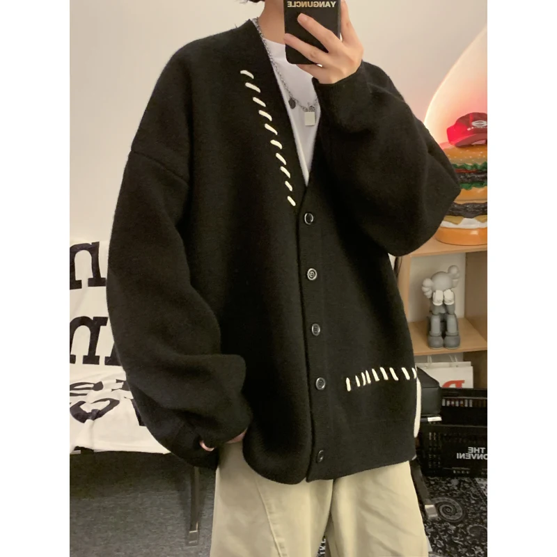 Striped Plush V-neck Sweater Men's Loose Casual Brushed Knit Trendy Couple Versatile Comfortable Harajuku High Street Cardigan