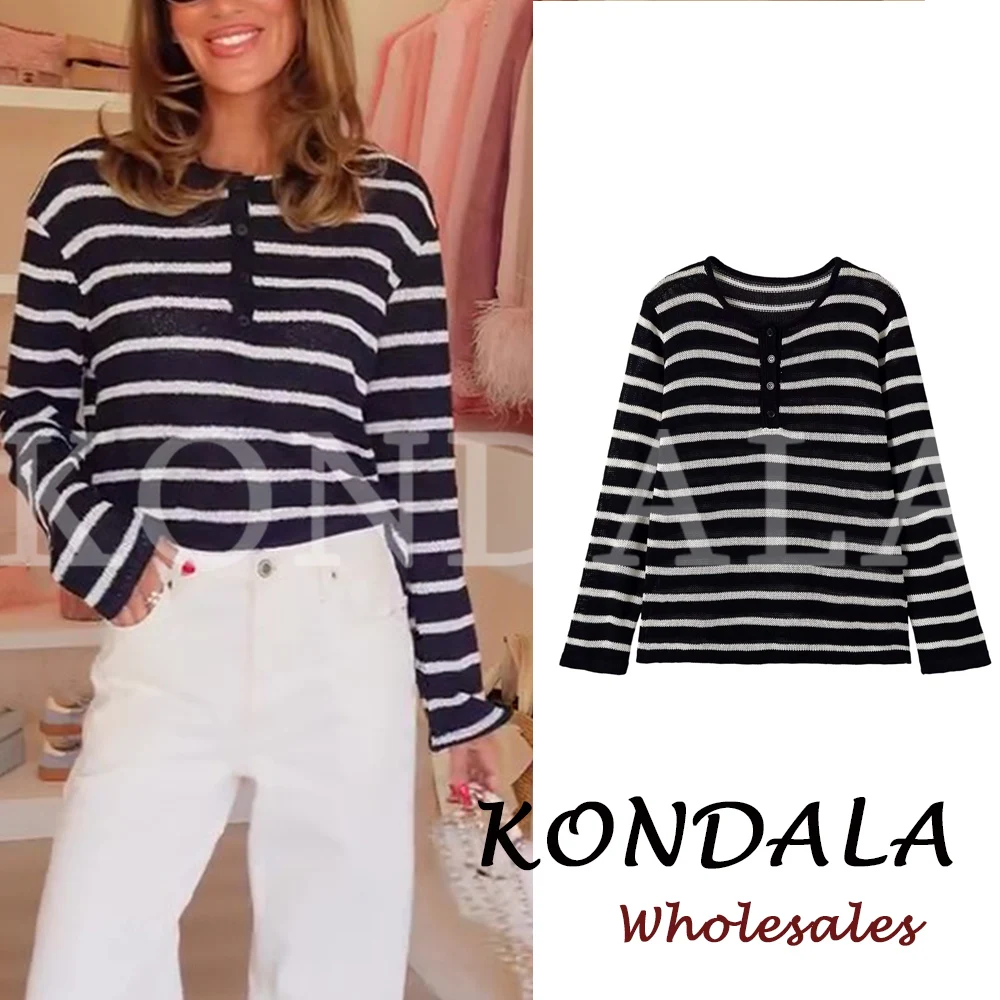 KONDALA Chic Striped Autumn Fashion 2026 Woman Knitwear Buttons Office Lady Elegant Shirts Modern Loose Female Streetwear Tops