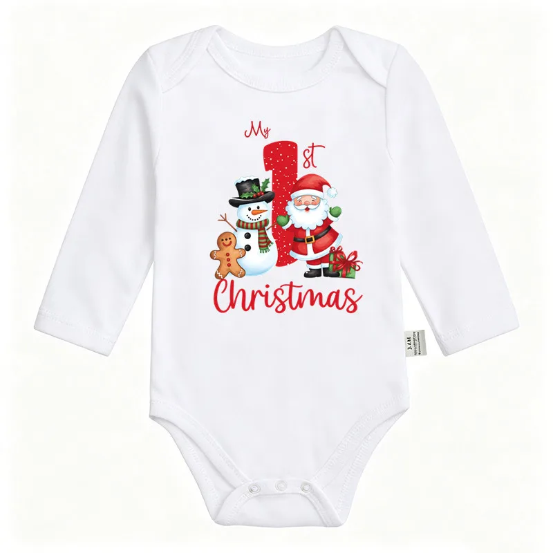 My 1st Christmas Baby Bodysuit Long Sleeve Santa Snowman Gingerbread Man Print Newborn Romper Infant Xmas Outfit Baby Gift