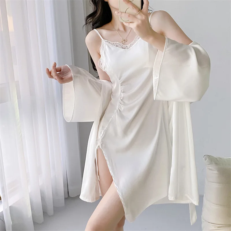 Twinset Lace Robe Set Spring Summer Rayon Bathrobe Gown Suit Kimono Nightgown Lingerie Women Silky Satin Sleepwear Homewear