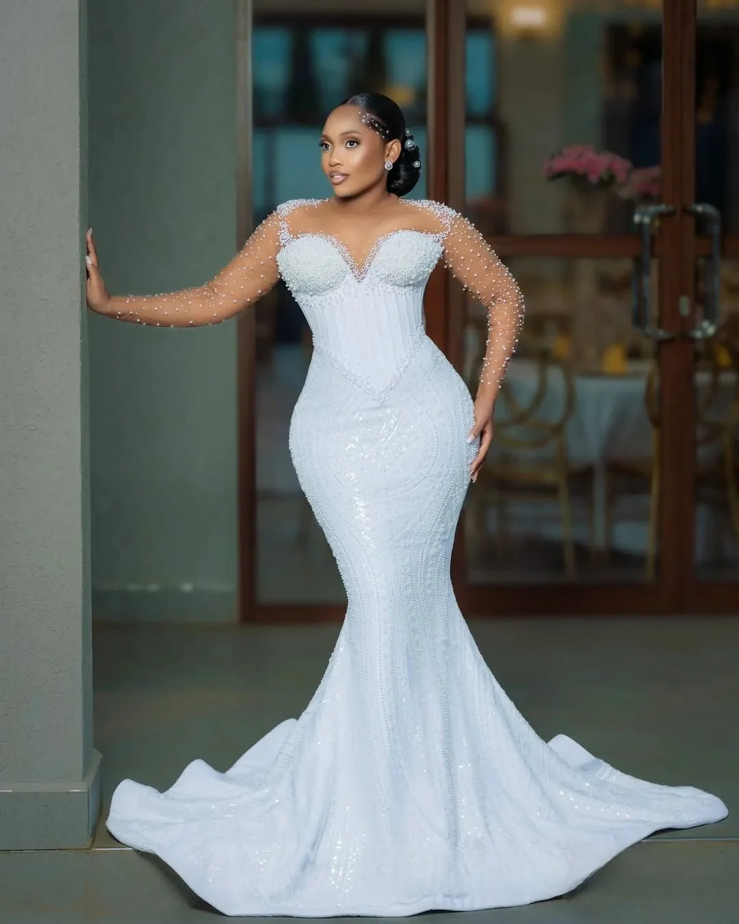 Customized Wedding Dresses Bridal Gowns For Bride Mermaid Marriage Dress Sheer Neck Long Sleeves Beaded Lace