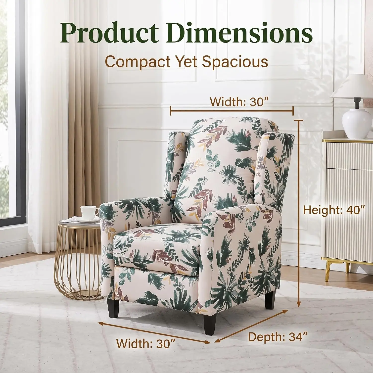 High Back Push Back Recliner Chair Wing Back Floral Fabric Upholstery 250LBS Living Room, Customized